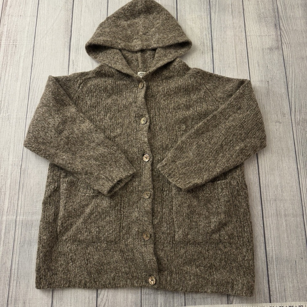 Margaret O'Leary Kids Mohair Wool Hooded Cardigan Brown Button Boho Small